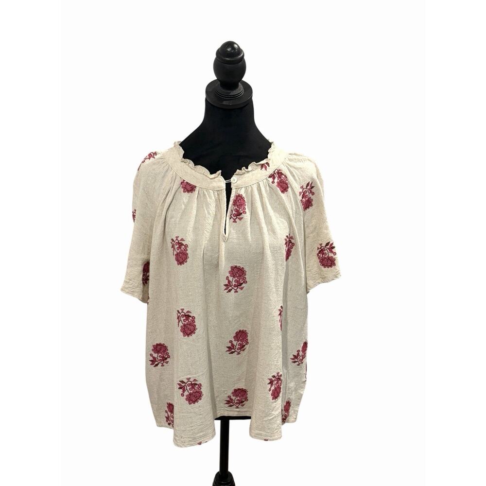 Solitaire Women’s Linen Blend Peasant Blouse SZ 2X Boho Floral Stitch Ruffle - Picture 11 of 14